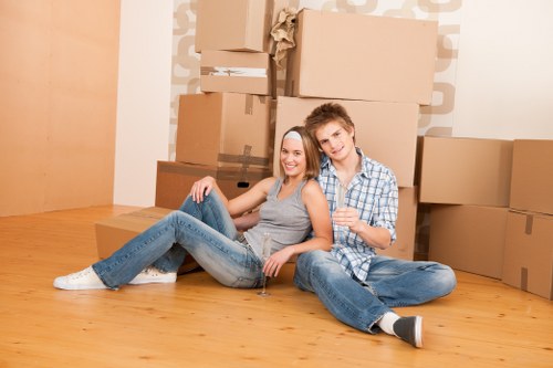 Packed boxes and furniture prepared for house removals in Wapping