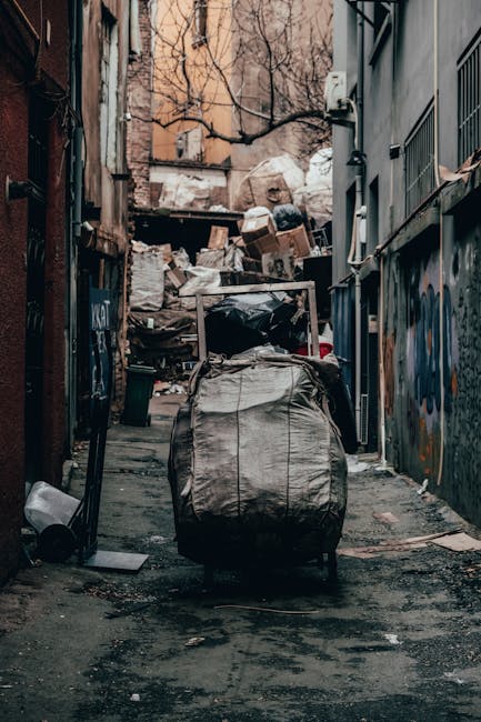 A narrow alleyway used for house removals and waste clearing, featuring a large wheeled trolley loaded with grey cardboard boxes and plastic-wrapped items positioned in the centre of the scene. Surrounding the trolley are various discarded materials, including black bin bags, scattered debris, and additional cardboard boxes. The alley is enclosed by tall, graffiti-covered brick and metal-sided walls on either side, with some graffiti and peeling paint visible. In the background, there is a pile of waste, including more cardboard and plastic wrapped items, with a tree with bare branches extending overhead. Natural light illuminates the scene, highlighting the gritty urban environment. Exterior elements such as a staircase, electrical wires, and a door frame mark entry points to nearby buildings. This image visually captures the process of loading items for a house relocation or waste disposal service, as offered by Man With a Van Wapping, in a typical urban setting suited for furniture transport, packing, and moving logistics.