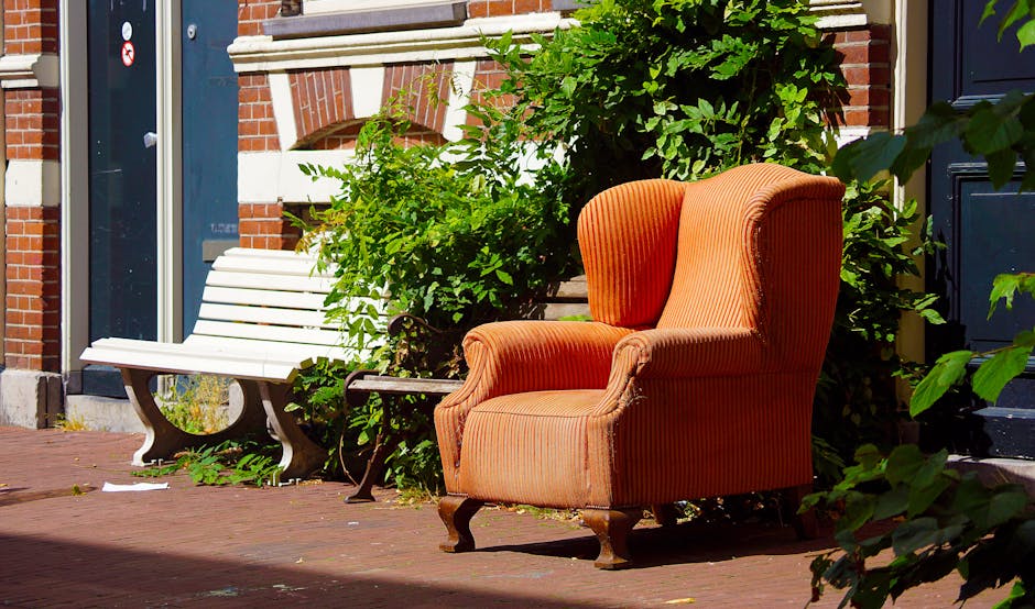 An orange upholstered armchair with wooden cabriole legs positioned outside on a brick-paved sidewalk, near a white wooden park bench with a curved metal frame, both placed against a background of a red brick building with white decorative elements and a dark blue door. Green leafy bushes surround the furniture, partially covering the lower parts of both pieces. The scene is well-lit with natural daylight, highlighting the textures of the fabric on the armchair and the wood and metal of the bench, suggesting a home relocation or moving process where furniture is being moved or disposed of. The presence of shrubs and the outdoor setting aligns with the context of furniture transport or packing and moving activities often handled by companies like Man With a Van Wapping, especially when advising on disposal in Wapping and council rules.
