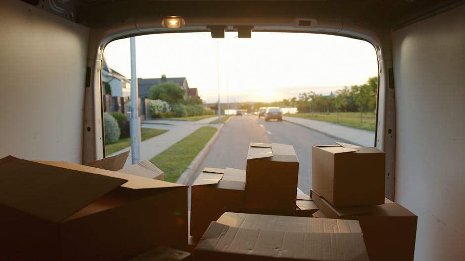 A man with dark, curly hair and a beard is inside a well-lit room, carrying a medium-sized cardboard box labeled 'OFFICE' in black text. The box appears to contain office items for a home relocation o