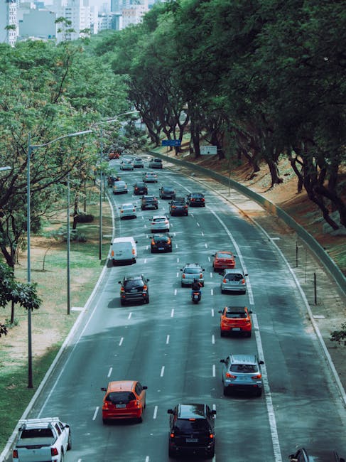 A view of a multi-lane urban road with moderate traffic, including cars and a motorcycle, passing through a green, tree-lined street with dense foliage on both sides. The road appears to be during daylight hours with natural light illuminating the scene. In the background, tall buildings are partially visible behind the trees, suggesting a city environment. The road surface shows clear lane markings, and on the left side, a sidewalk runs parallel with some parked vehicles visible. This scene could be relevant for home relocation or furniture transport discussions, as it depicts the typical urban environment where such moving services might operate, especially when navigating narrow or busy roads nearby Wapping. Man With a Van Wapping's services might assist with efficient planning for packing, loading, and transport during home moving projects in such areas.